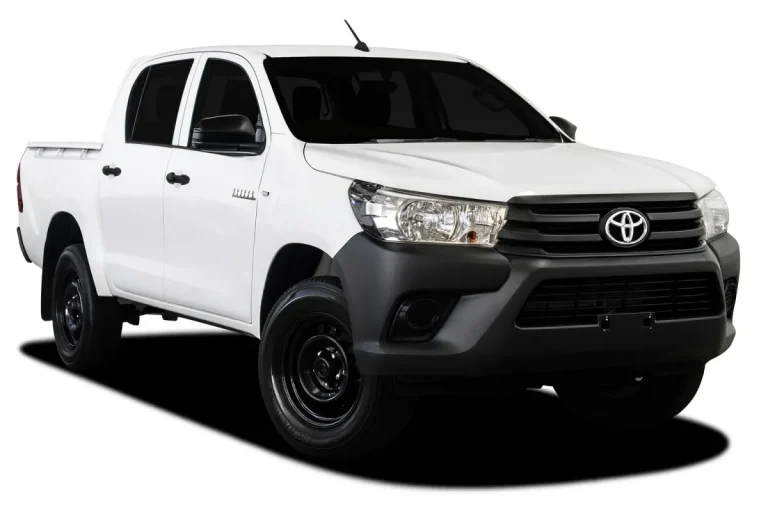 White Toyota Hilux dual-cab ute with black bumper and wheels