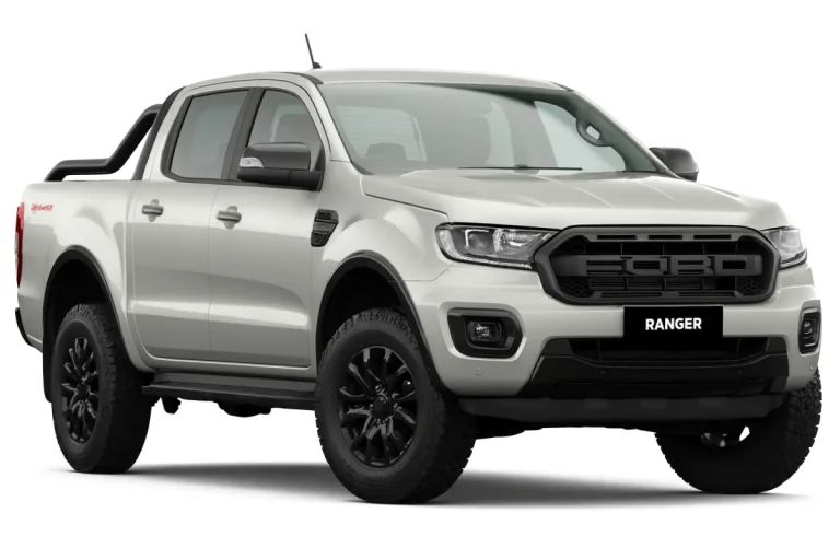 White Ford Ranger dual cab ute with black grille and wheels