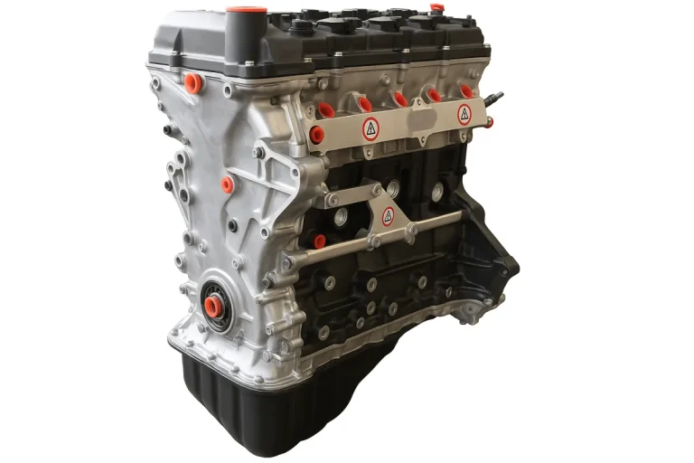 Assembled 4x4 engine block with cylinder head, oil sump and red protective plugs