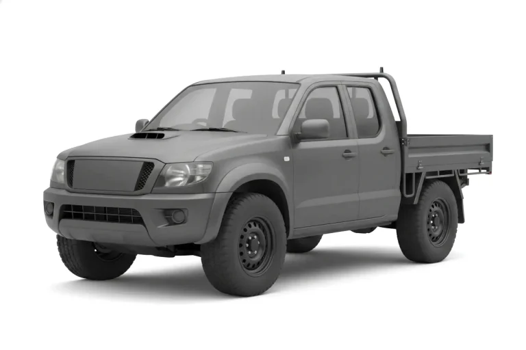 Dark grey 4x4 dual-cab ute with a steel tray