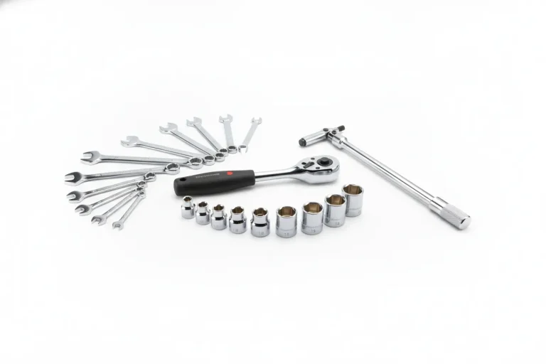 Ratchet, sockets, spanners and a torque wrench laid out