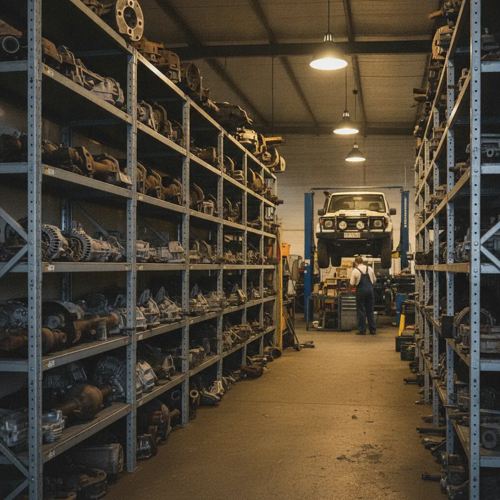 Shelves of used and recycled 4WD parts with a 4WD on the hoist in the Darwin 4x4 Centre workshop