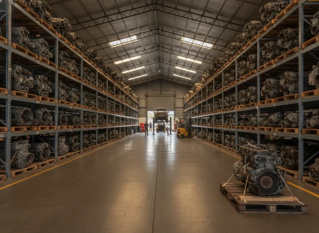 Long aisles of racked used 4WD engines and gearboxes in a large shed, with a 4WD on a hoist by the roller door