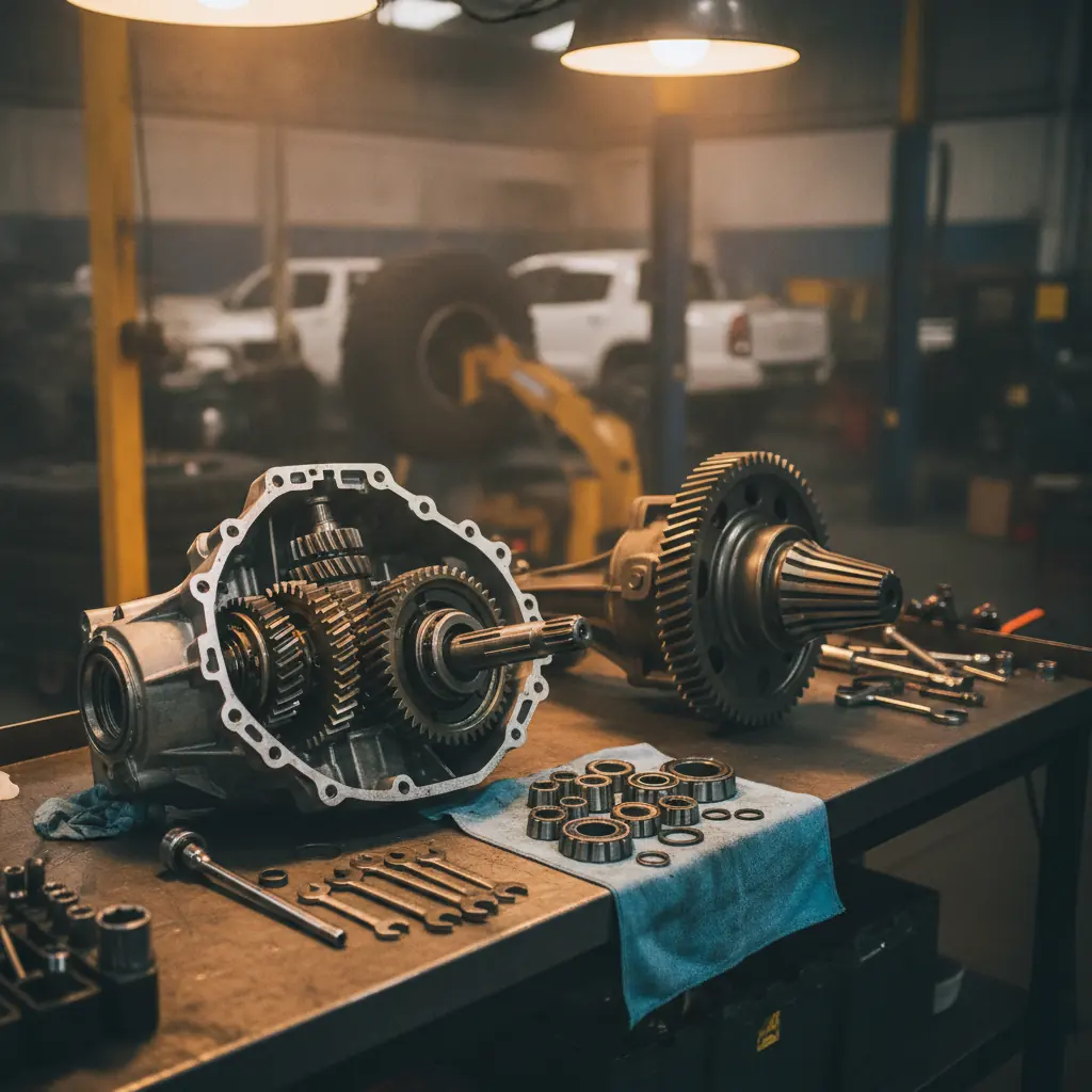 Manual gearbox and differential being rebuilt on a workbench in the Darwin 4x4 Centre workshop